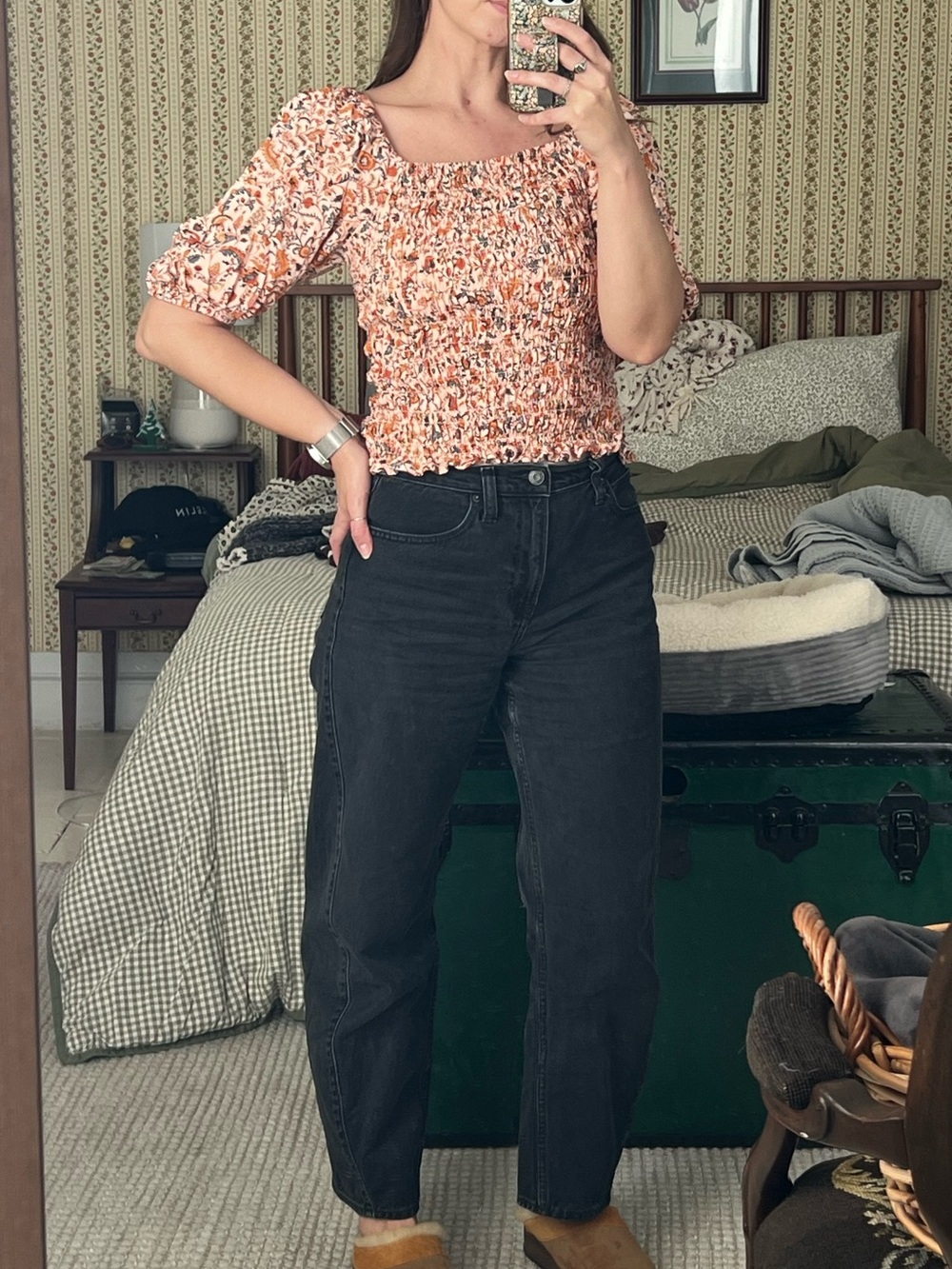 Old Navy Peach Pink Floral Paisley Smocked Puff Sleeve Top
